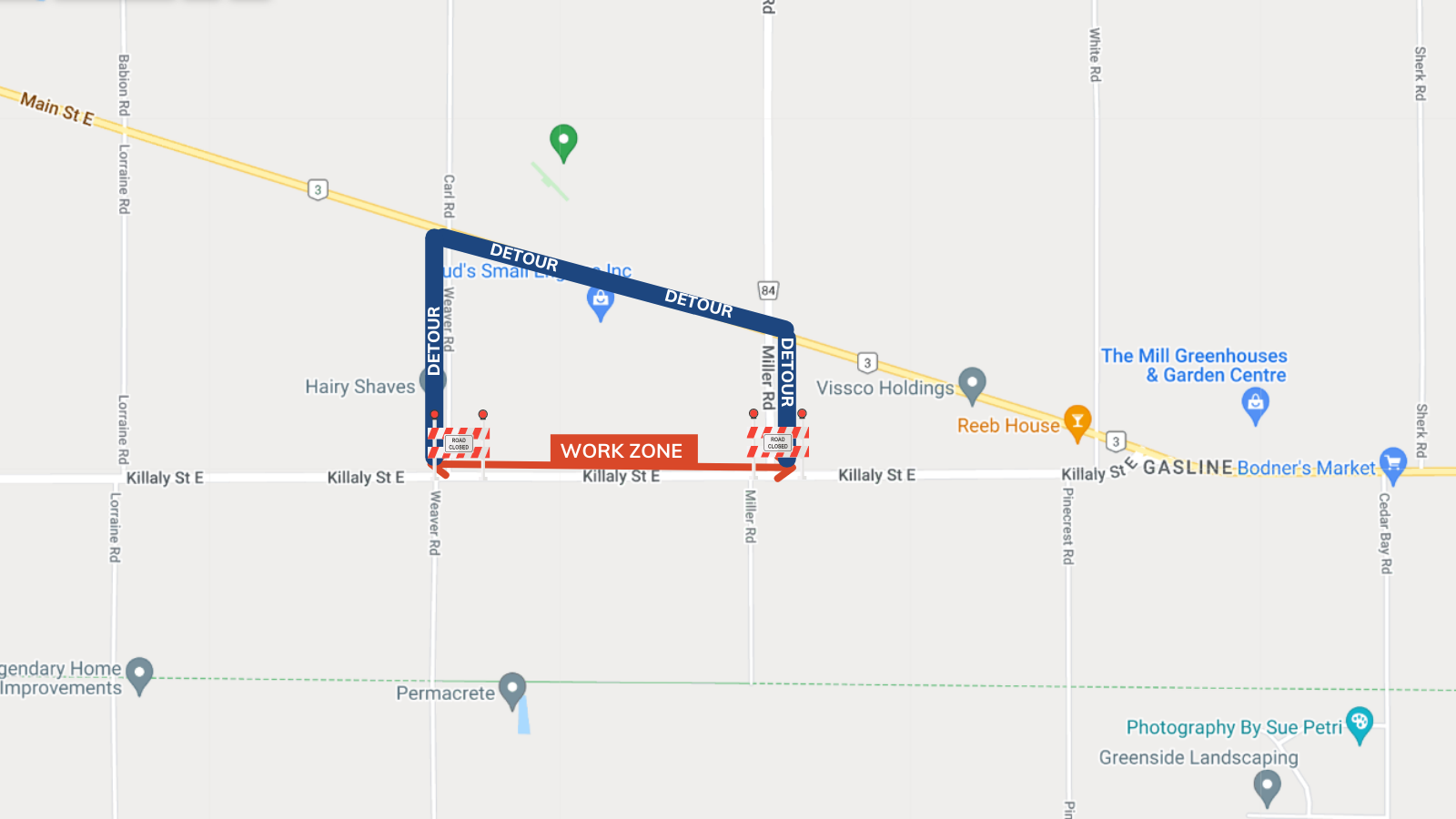 Killaly Street E Road Closure and Detour Map